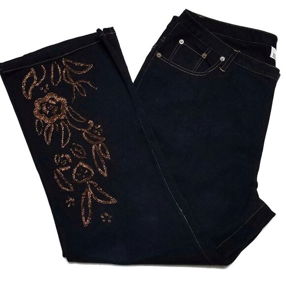 Retro Y2K Volup Silhouettes Black Denim Gold Embroidered Boot Cut Jeans 20 - Picture 2 of 9